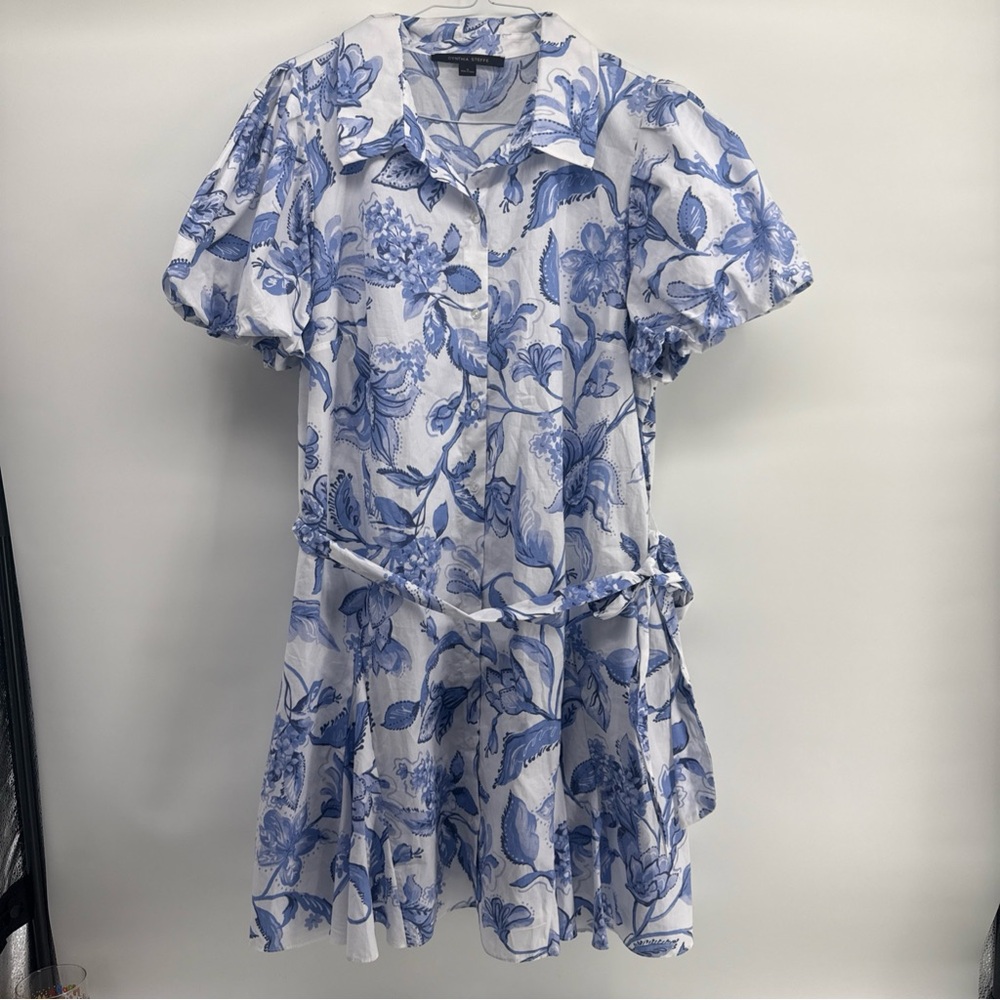 Blue Floral Shirt Dress with Belt